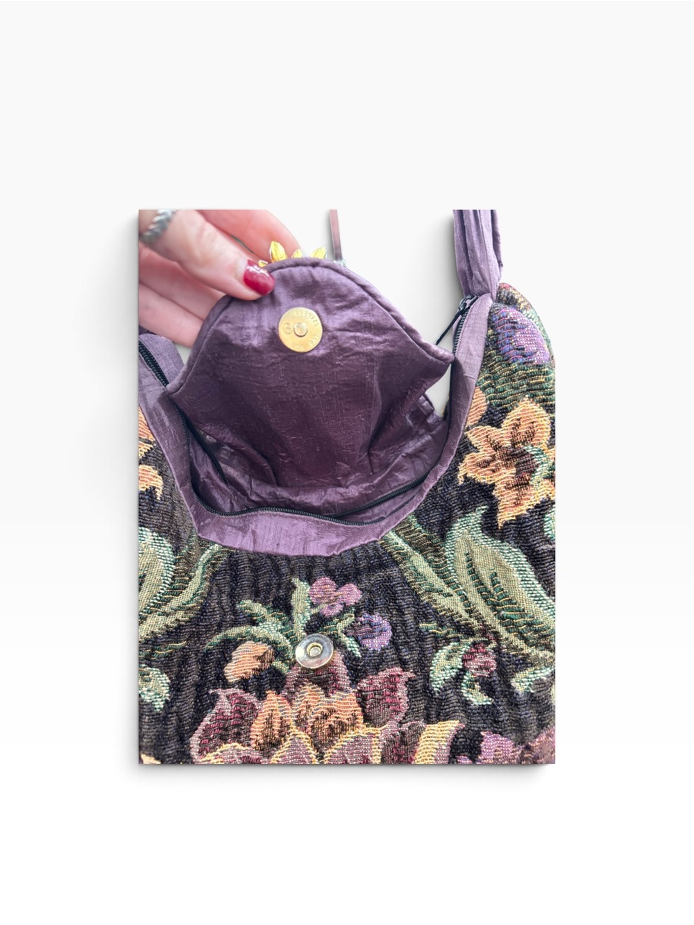 Floral Tapestry Hobo Shoulder Bag Beaded Strap Mauve Boho 17x15 - Picture 12 of 15